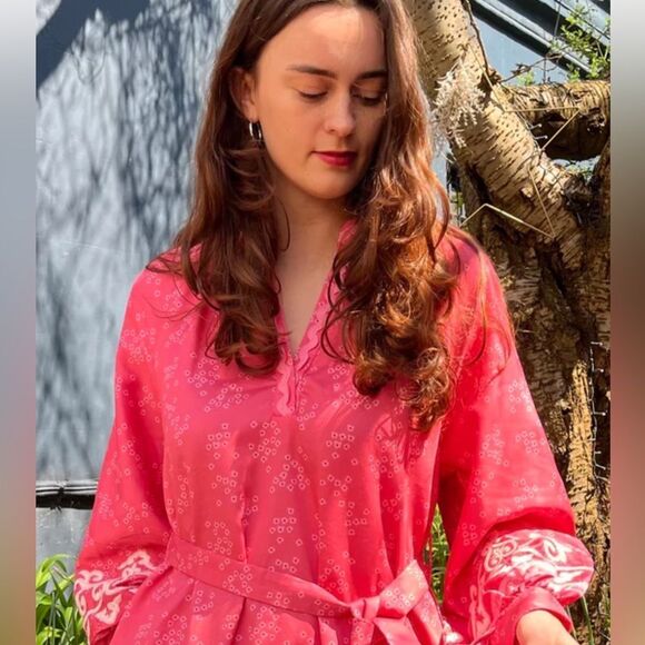 Pink Vaneza Cotton Satin Blouse with White Embroidery by Emily Lovelock - Picture 2 of 9
